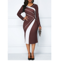 V-neck Full Sleeve Buttons Hit Color 5XL Slim Pencil Lady Career Dress